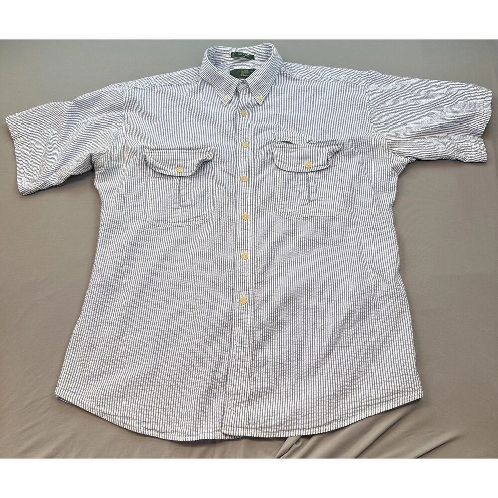 Vintage Orvis Shirt Mens XL Blue White Stripe Seersucker Dual Pocket Outdoor